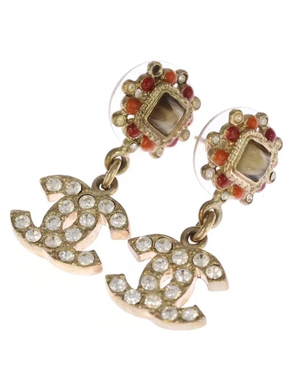 Chanel CC Logo Rhinestone Drop Earrings Gold
